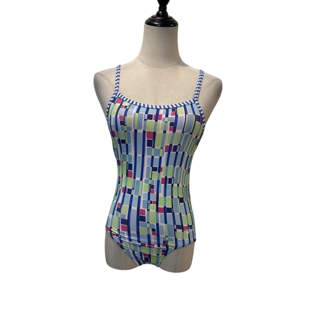 Dolfins Uglies‎ One Piece Women's Swimsuit Sz 10 Geometric Print Cross Back